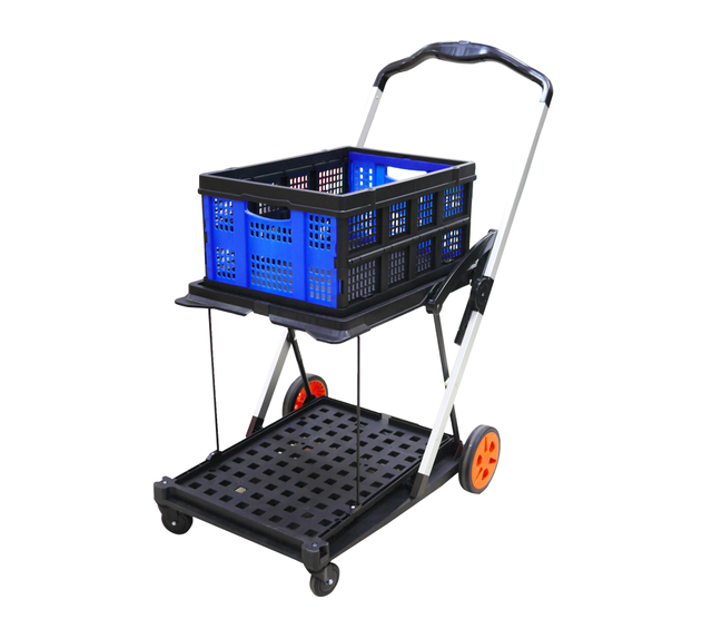 Double Decker Foldable Cart Portable Market Folding Trolley Collapsible Shopping Cart With Storage Crate