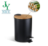 2021 New Design Bamboo Lid Pedal Bin for Kitchen Living Room Step Trash Can with Stainless Steel