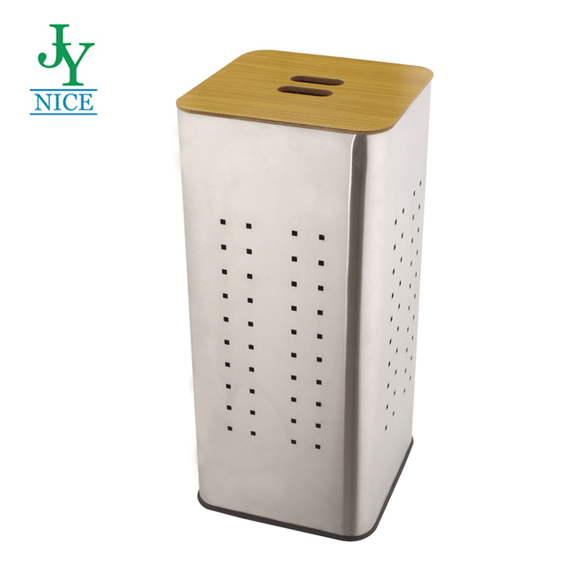 Stainless Steel Laundry Bin & Hamper With Wooden Lid Household Bedroom Bathroom Dorm Square Dirty Clothes Basket