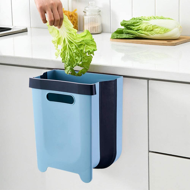 Small Collapsible Garbage Can for Kitchen Drawer Wall Waste Bin Bedroom Car 2.4 Gallon (Light Blue)