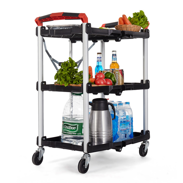 Wholesale 3 Tiers Plastic Restaurant Servicing Cart with Four wheels Food Servicing folding Trolley Cart for Hotel