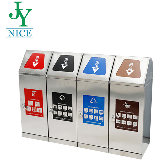 Subway Station Garbage Sorting Bin with Push Lid Airport Park 4 Compartments Rubbish Bin Stainless Steel Recycling Waste Bin