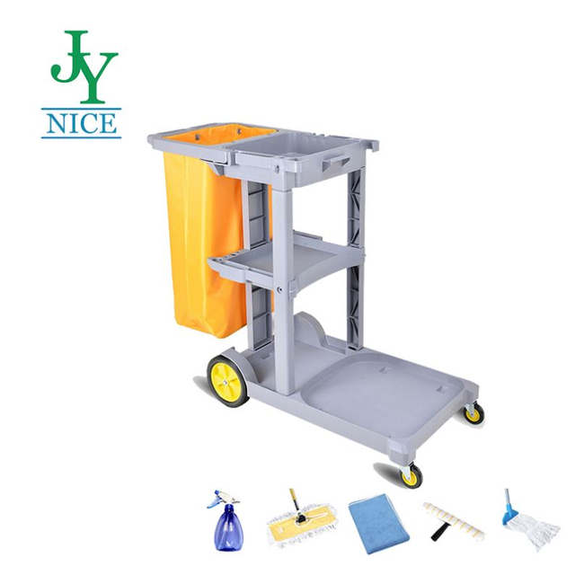 Factory Direct Room Service Cleaning Trolley with Janitorial Supplies Indoor Outdoor Durable Plastic Maid Cart