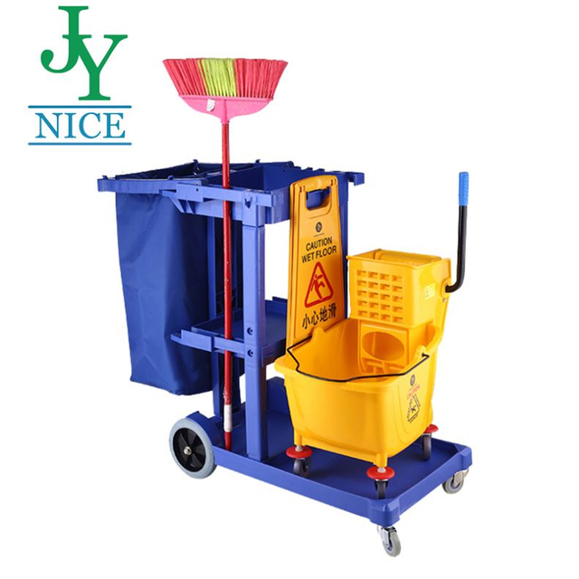Commercial Office Building PP Plastic Cleaning Trolley with Cover Black Blue Floor Cleaning Janitor Cart