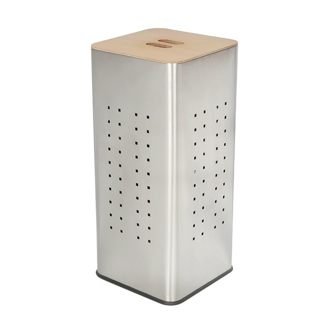 60L Square Shape Household Essentials Basket Metal Laundry Hamper - Breathable And Wood Lid - Iron