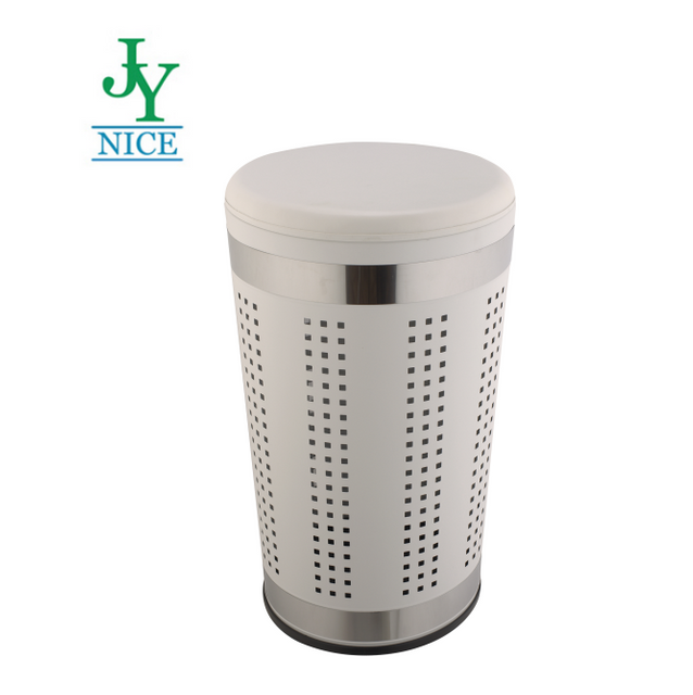 35L 46L Customizable Stainless Steel Laundry Bin with PU Leather Lid Hotel Home Bedroom V Cone Dirty Clothes Storage Basket